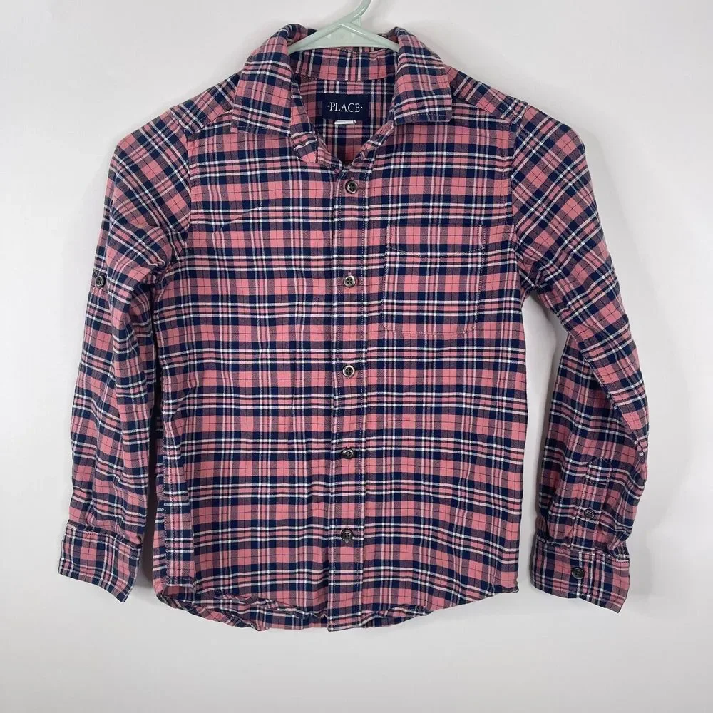 Children's Place Boys Collared Shirt Size 7.8‎ Plaid Check Long Sleeve Pink